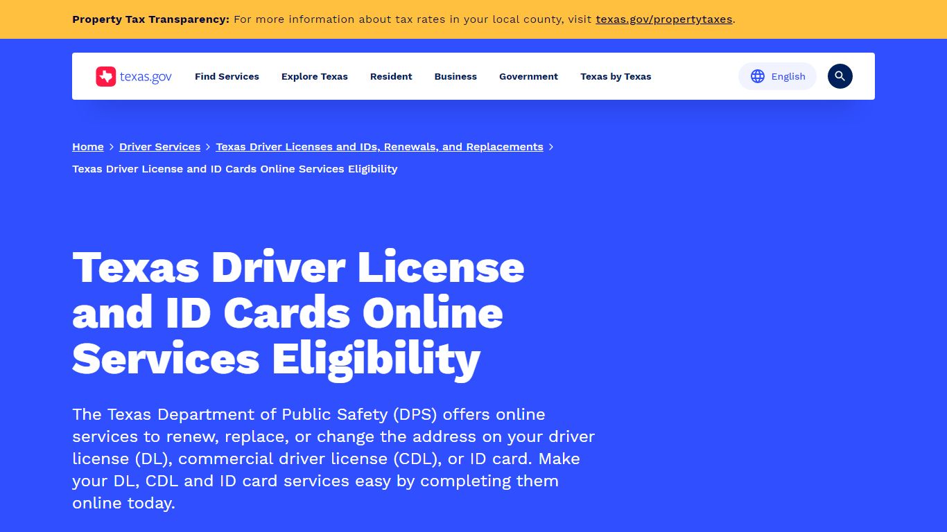 Texas Driver License and ID Cards Online Services Eligibility